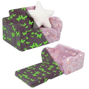 Imagem de MOMCAYWEX Sofá infantil borboleta que brilha no escuro, 2 em 1, dobrável, com almofada de estrela, sofá conversível para espreguiçadeira para meninas e meninos, 1 assento