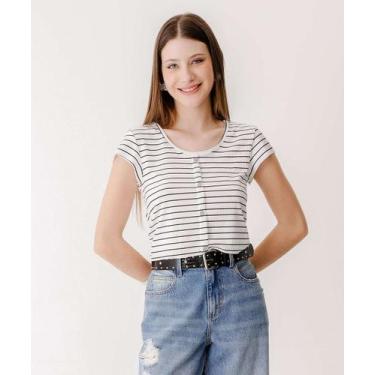 Imagem de Blusa Feminina Canelada Listrada Botões Marisa-84371, Branco, Preto, P