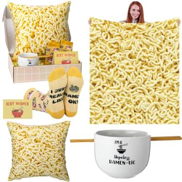 Imagem de Vesici Conjunto de 7 peças de presente de ramen de Natal, tigela de sopa, pauzinhos, meias de macarrão, cobertor, fronhas, caixa de cartão de presente para amantes de ramen, adolescentes, meninas