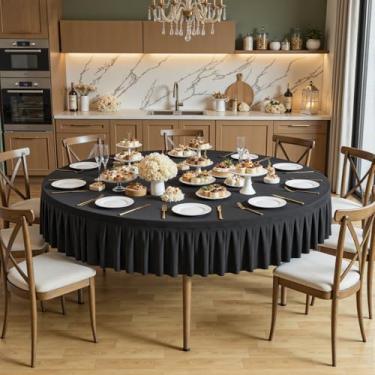 Imagem de 1 pacote com toalha de mesa preta redonda de elastano para mesas de 180 cm, toalha de mesa elástica com saia, sem vincos, para festa de aniversário, formatura e decoração de casa