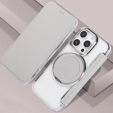 Imagem de IRTGFG Capa magnética com revestimento para iPhone 16e, com suporte giratório e porta-cartões de couro (para iPhone 16e/branco acinzentado)