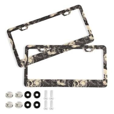 Imagem de SEHANY Molduras de placa de carro vintage rosa crânio, capas de alumínio à prova de ferrugem com furos elípticos e parafusos serve para veículos padrão dos EUA tamanho acessórios de carro para