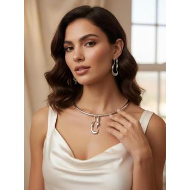 Imagem de Conjunto Choker e Brinco Folheado  Aro Orgânico - Deusa Modas, Prata