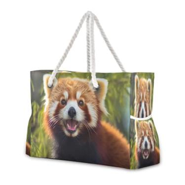 Imagem de Wassud Bolsa de praia grande com panda vermelho sorridente para mulheres, impermeável, à prova de areia, bolsa de viagem com zíper e bolso para piscina, academia, acampamento
