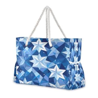 Imagem de Wassud Bolsa de praia azul estrelas grandes bolsas de praia para mulheres, impermeável, à prova de areia, bolsa de viagem com zíper e bolso para piscina academia acampamento