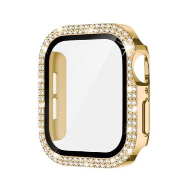 Imagem de Capa de diamante de fileira dupla compatível com Apple Watch 46 45 44 42 41 40 mm com protetor de tela integrado para séries 11/10/9/8/7/6/5/4/3 (dourado, série 4/5/6/SE 44 mm)