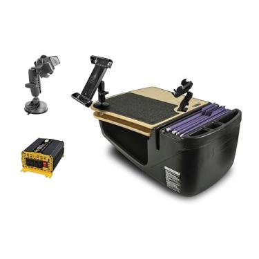 Imagem de AutoExec Mesa de carro GripMaster para sua estação de trabalho de veículo e escritório móvel, bétula, com inversor de potência de 400 watts, suporte para telefone, suporte para tablet e sucção para