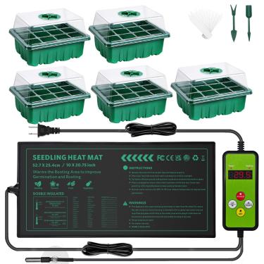 Imagem de Tapete térmico de mudas com controlador de termostato digital e conjunto de 5 bandejas para iniciantes de sementes, controle de temperatura para germinação de sementes, propagação de plantas padrão