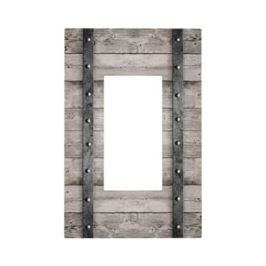 Imagem de DWBGUO Capas de tomada decorativas com barril de madeira de carvalho cinza vintage com design de faixas de ferro, 1 interruptor de luz de balancim, decoração única, placa de parede de dispositivo GFCI