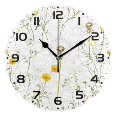 Imagem de JUZIHAI Relógio de parede com flores de dente-de-leão, silencioso, redondo, sem tique-taque, operado por bateria, fácil de ler, relógio decorativo de parede para casa, cozinha, sala de estar, quarto