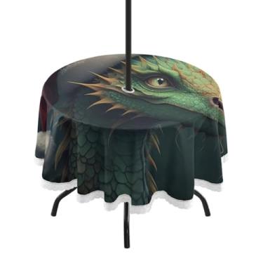 Imagem de Qilmy Toalha de mesa redonda à prova d'água com chapéu de dragão de Natal de 152 cm com orifício para guarda-chuva e zíper – uso externo / interno resistente para pátio, churrascos, piqueniques
