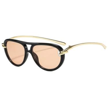 Imagem de JRLLFD Óculos de sol de luxo com ponte dupla para mulheres, moda punk de metal, masculino, uso ao ar livre, UV400, para dirigir (chá preto)