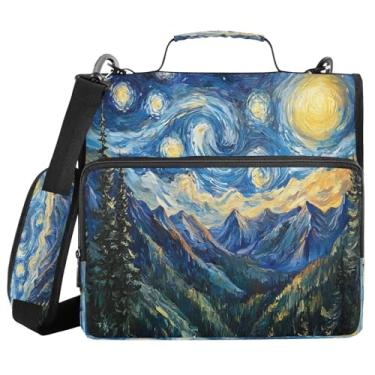 Imagem de JUZIHAI Van Gogh Starry Sky Mountains Fichário com zíper com 3 anéis com alça de ombro e vários bolsos, bolsa organizadora de pasta de arquivo para escola e escritório