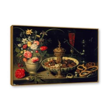 Imagem de NHLDZYH Moldura de teca. Impressão de flores vintage rústica, arte de parede em tela emoldurada floral clássica, decoração de cozinha de fazenda, pronta para pendurar. A37. 50 x 70 cm