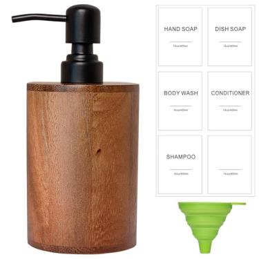 Imagem de MIGAKU HOME Dispensador de sabão de madeira de nogueira, dispensador de sabão de mão de cilindro redondo de 400 ml para banheiro, cozinha, com cabeça de bomba, funil e etiquetas, dispensadores de