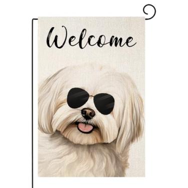 Imagem de TopPacific Welcome Maltês com óculos de sol bandeira de jardim pequena vertical dupla face decorativa casa quintal decoração bandeira para decoração ao ar livre 30,5 x 45,7 cm (6047)