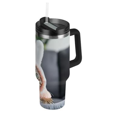 Imagem de Cute Bunny Cat Copos de arte de Páscoa com tampas e canudo garrafas de água isoladas de aço inoxidável copo de 850 g com alça caneca de café quente reutilizável para carro