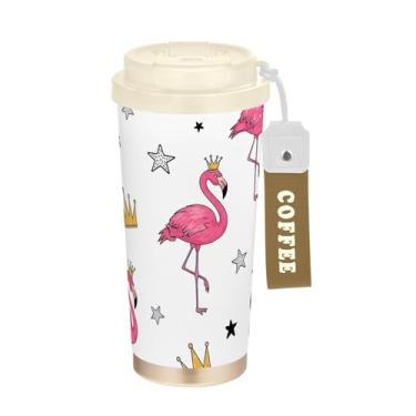 Imagem de TSENQUE Caneca de café de viagem 41 onças com canudo e tampa, revestimento cerâmico, isolamento a vácuo, paredes duplas, flamingos rosa aquarela, branco