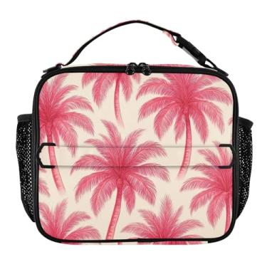Imagem de Joisal Lancheira bege com folhas de palmeiras rosa para mulheres, meninas, lancheira masculina e infantil, lancheira para trabalho, bolsa térmica para adultos
