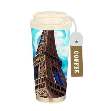 Imagem de TSENQUE Caneca de café de viagem de 473 ml com revestimento cerâmico, caneca de café de aço inoxidável com tampa e canudo, copo isolado a vácuo, arte chique da Torre Eiffel