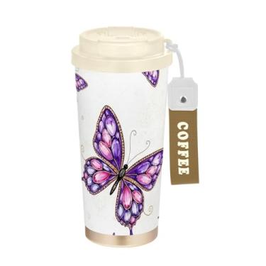 Imagem de TSENQUE Copo de café de 473 ml, copo de café de viagem com revestimento cerâmico com canudo e tampa, copo isolado a vácuo de aço inoxidável, borboletas aquarela, roxo, rosa