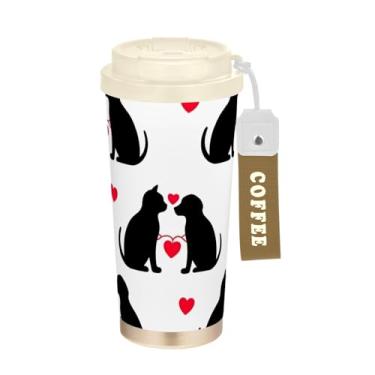 Imagem de Caneca de viagem de café 40 ml com canudo e tampa, revestimento cerâmico, isolada a vácuo, caneca de café de aço inoxidável à prova de vazamento, coração de cachorro gato dia dos namorados