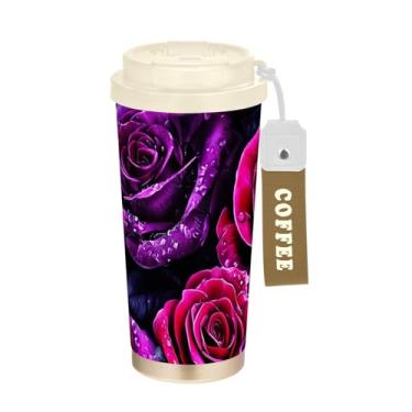 Imagem de TSENQUE Copo de café de 473 ml com canudo e tampa de enchimento, caneca de café de aço inoxidável isolada a vácuo à prova de vazamento, rosas realistas flores roxas