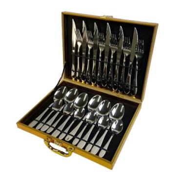 Imagem de Conjunto de Talheres 24 Peças em Aço Inoxidável com Maleta Dourada, Acabamento Espelhado, Inclui Facas, Garfos, Colheres de Mesa e Sobremesa