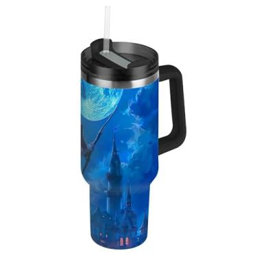 Imagem de Mystic Moon Witch Castle Tumblers com tampas e canudos Garrafas de água de aço inoxidável Copo isolado com alça Garrafa de água rosa de 1,134 g para copo de carro