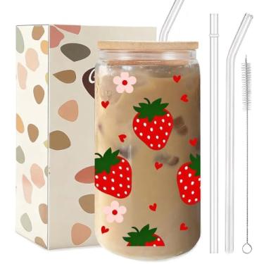 Imagem de TAGDANK Copo de vidro com corações florais de morango, 473 ml, lindo copo estético com tampa de plástico e canudos, presente de Dia dos Namorados para meninas e mulheres, presente de aniversário de