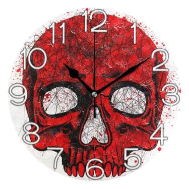 Imagem de GAIGEO Relógio de parede analógico decorativo operado por bateria relógio de cozinha rústico, decoração moderna de meados do século, caveira vermelha legal, 25 cm, ponteiros dourados