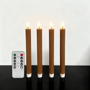 Imagem de Girimax Velas cônicas marrons caneladas sem chama com controle remoto, castiçais de cera LED cintilantes operados por bateria conjunto de 4