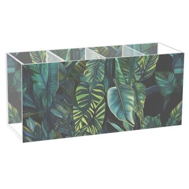 Imagem de TSENQUE Porta-lápis de mesa de plantas tropicais de folhas azuis, bonito desenho animado, suporte de pincel de maquiagem de acrílico, copo para caneta