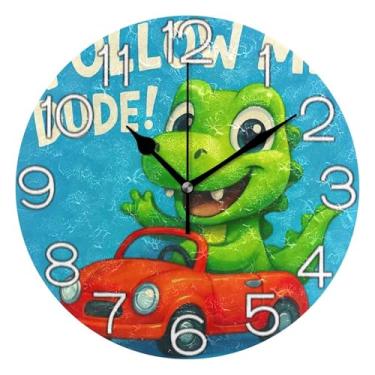 Imagem de GAIGEO Relógio de parede analógico decorativo relógio de cozinha rústico estético silencioso sem tique-taque, decoração de parede de casa de fazenda moderna, dinossauro de desenho animado verde fofo