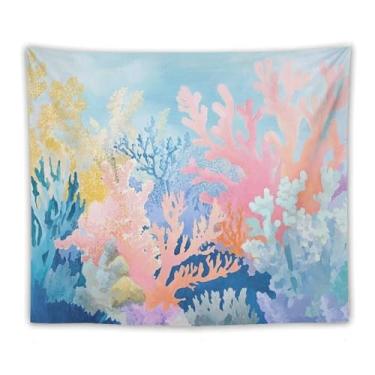 Imagem de Tapeçaria de parede subaquática de recife de coral colorida decoração marinha do oceano arte vibrante do mar para sala de estar quarto pátio peculiar náutico pendurado acento cena animada 70 x 90