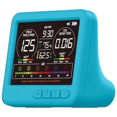 Imagem de Monitor profissional de qualidade do ar interno com 7 alarmes AQI, detector portátil 16 em 1 em tempo real para PM2.5 | PM10 | CO2 | TVOC | HCHO | Temp | Zumbido para casa, carros, plantas, animais de
