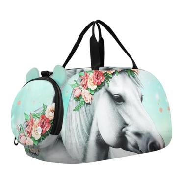 Imagem de Bolsa esportiva de viagem para meninos, fim de semana, bolsa de viagem para crianças, academia, linda galo colorido, Coroa floral de cavalo cinza, Clássico
