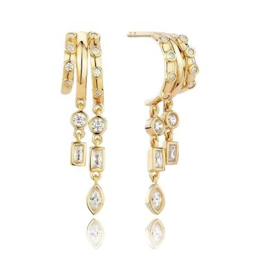 Imagem de LIiusgelad Brincos femininos banhados a ouro 14 k triplo com corrente de zircônia cúbica, pingente delicado, joia moderna de ouro não mancha, Medium, Acetato, Sem tipo de pedra preciosa