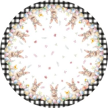 Imagem de QIALETS Toalha de mesa redonda de Páscoa, 152 cm, flor da primavera, ovos coloridos, búfalo, xadrez, coelhinho, para decoração de festa, piquenique, jantar