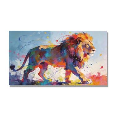 Imagem de NHLDZYH Arte abstrata de salpicos de leão, pintura colorida de animais em tela, decoração de parede expressiva moderna para sala de estar ou escritório. A127. 50 x 90 cm-19,7 x 35,5 pol. Somente tela