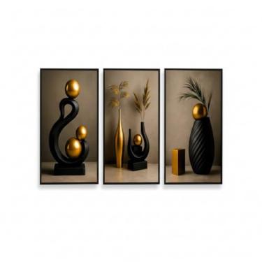 Imagem de Quadros Decorativos Trio Abstrato Geométrico Moderno, Escultura Dourada Luxo, Decoração de Sala