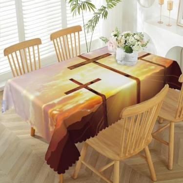 Imagem de TTQYFNM Toalha de mesa de 178 x 228 cm, cruz de Jesus Cristo, pôr do sol, montanha, céu brilhante, toalha de mesa de tecido impermeável para igreja cristã, decoração de festa de Natal e Páscoa