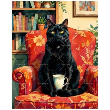 Imagem de Kit de pintura de retrato de animais por números para adultos - DIY gato preto na cadeira pintura em tela 40,6 x 50,8 cm, conjunto de tinta acrílica para iniciantes, arte peculiar para decoração de