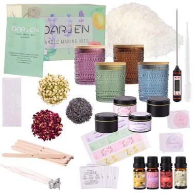 Imagem de DARJEN Kits de fabricação de velas para adultos - suprimentos para fabricação de velas com 4 frascos de vela (âmbar, roxo, azul, verde), latas de vela, cera de soja, aromas, flores secas e muito mais