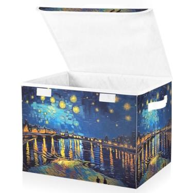 Imagem de Blueangle Caixotes de armazenamento de pintura de noite estrelada com tampas, 42 x 32 x 30 cm, grande cesta organizadora dobrável para decoração de casa e escritório (384)