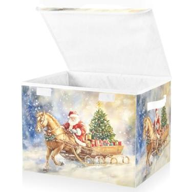 Imagem de Blueangle Cestos de armazenamento de renas de Papai Noel com tampas, 42 x 32 x 30 cm, grande cesta organizadora dobrável para decoração de escritório e armário (238)