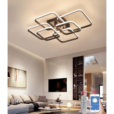Imagem de Luminária de teto LED retangular para sala de estar, com intensidade regulável e controle remoto, ideal para quarto, escritório e restaurante (preta, 6 anéis).