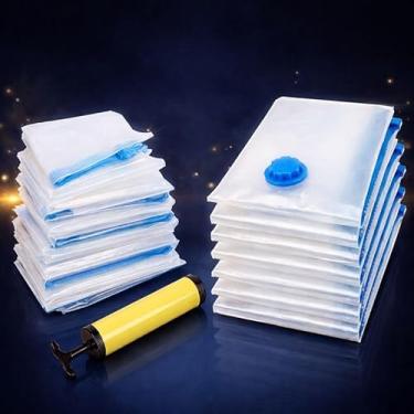 Imagem de Kit 10 Sacos a Vácuo Premium 50x60cm com Bomba Manual | Organizador para Roupas de Viagem, Edredom, Toalha, Cobertor | Saco Vacuo Reutilizável, Impermeável, Antimofo, Vedação Dupla e Fácil Uso
