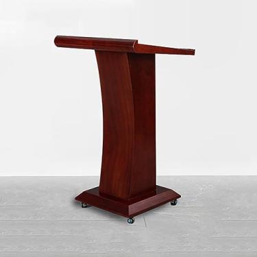 Imagem de ZDJZMGZ Pódio móvel de madeira, palestrante falante, pódio, suporte de pódio com 4 rodas, superfície inclinada, placa defletora, montagem fácil para escritório, escola,