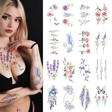 Imagem de CARGEN Tatuagem temporária de flor de primavera em aquarela - 16 folhas de lavanda pequena flor violeta borboleta rosa tulipa falsa arte à prova d'água para crianças, meninas, mulheres, rosto e braços